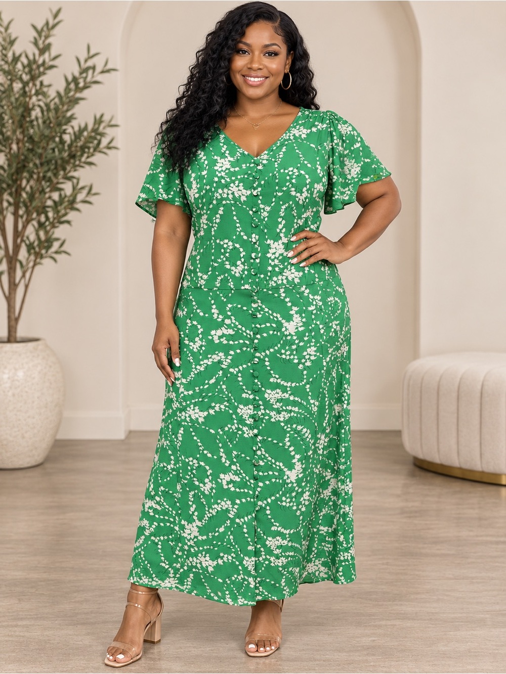 Women's Green Floral V-Neck Maxi Dress